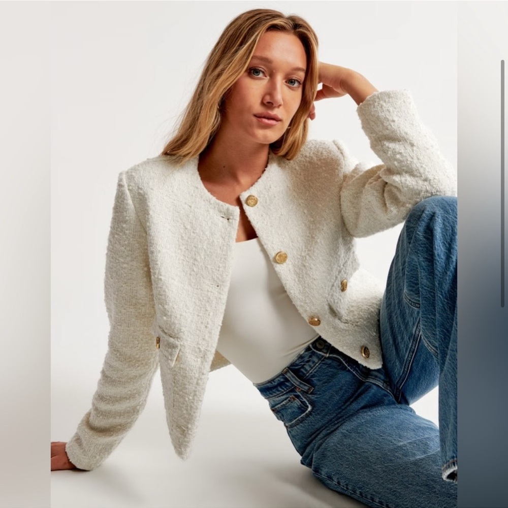 Abercrombie & Fitch Cream Collarless Tweed Jacket